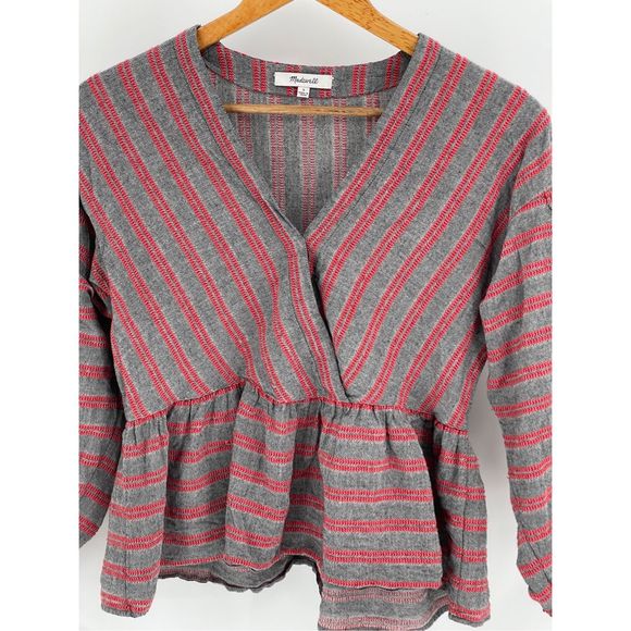Madewell Faux Wrap Top Peplum Women's Small Gra Red Striped V Neck 3/4‎ Sleeve - Picture 2 of 13